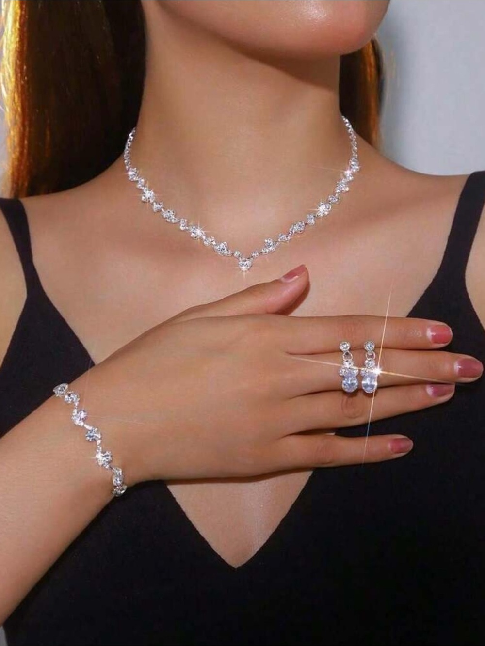 Silver Rhinestone Jewelry Set Necklace Bracelet Earrings Copper NWT